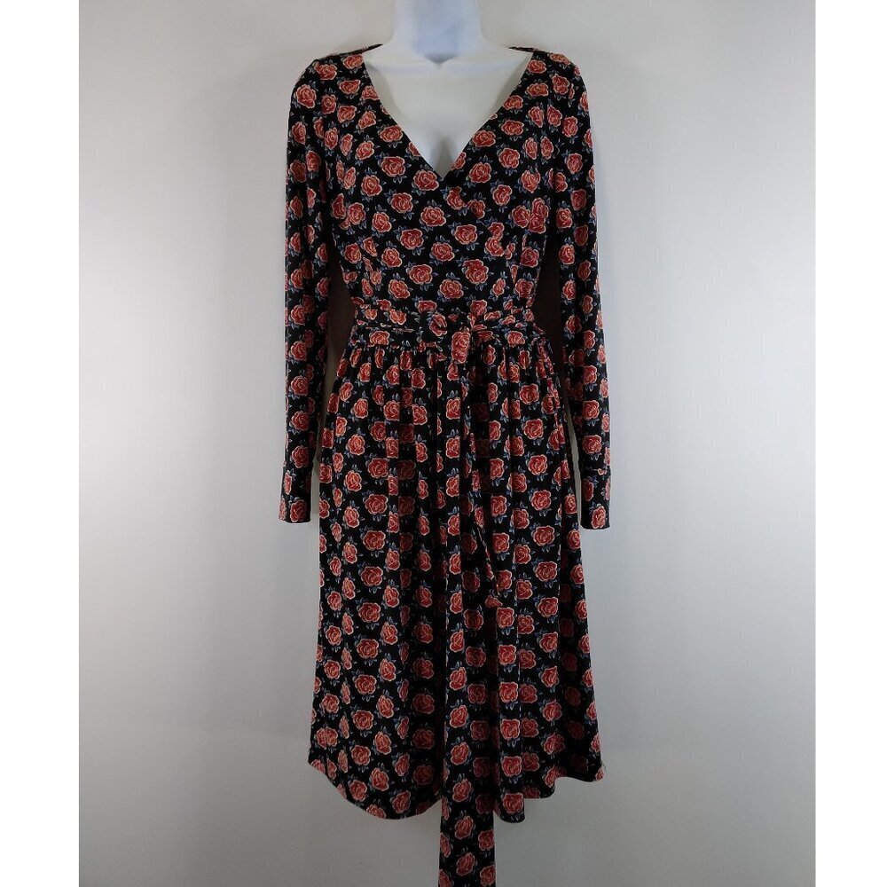 Brooks Brothers Floral Long Sleeve V Neck Belted Jersey Dress Size S